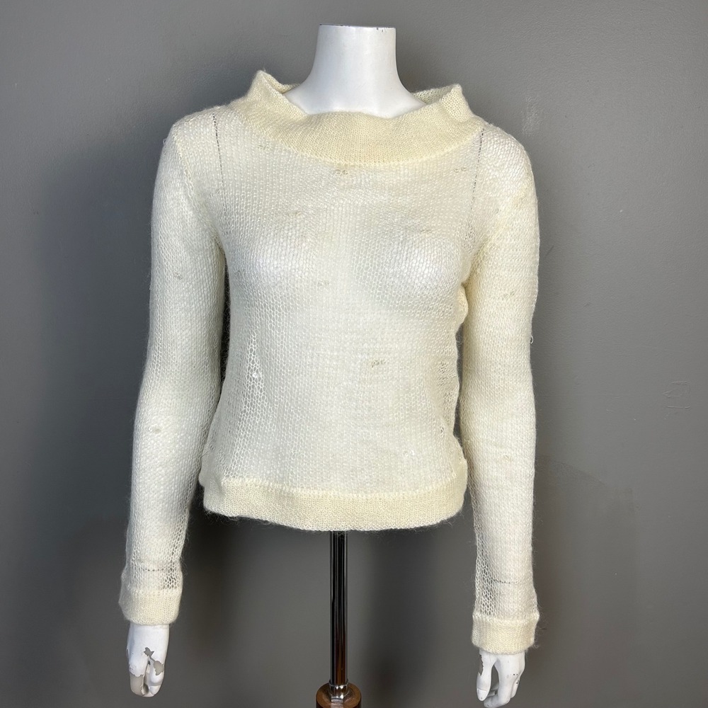 Nicole‎ Miller Sheer top sweater Medium netting mock Neck  Cream fairy whimsy